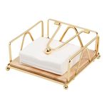 Napkin Holders for Tables, Elegant Flat Cocktail Napkin Holder with Wooden Base, Metal Tabletop Serviette Tray for Kitchen, Countertops, Outdoor Tables (Gold)