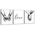 Black And White Love Prints - Hand In Hand Wall Art Framed 3 Pieces Aesthetic Pictures Minimalist Shadow Love Canvas Artwork 12x16 Inches Decoration For Couples Paintings for Home Room Bedroom Decor