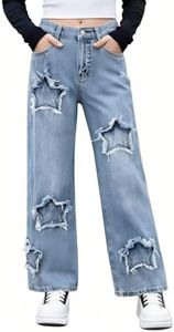 Jiquruby Girls Jeans High Waisted Baggy Denim Pants Star Decor Wide Leg Casual Fashion Streetwear 12-13 Years