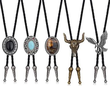 MILACOLATO 5Pcs Bolo Tie for Men Cowboy Tiger Eye Leather Necktie Western Necklace Costume Accessories for Men Women Boys, 100