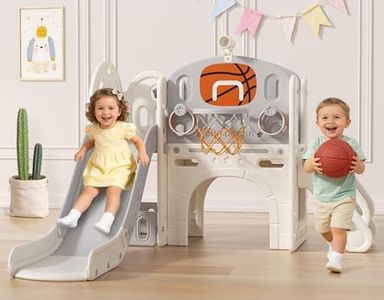 BIERUM 9 in 1 Toddler Slide, Kid Slide for Toddlers Age 1-3 with Ring Toss, Basketball Hoop, and Telescope, Indoor Outdoor Playset Playground Beige Gray