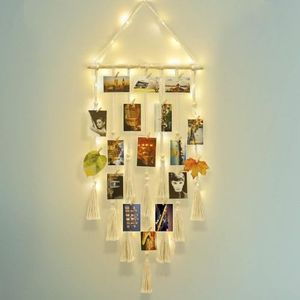 Hanging Photo Display Wall Decor, Macrame Wall Hanging Picture Organizer Boho Home Decor with LED String Light and 20 Wood Clips for Photo Collage Frame