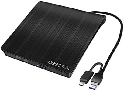 DEEPFOX External DVD Drive, USB 3.0 Type-C Portable CD/DVD +/-RW Disk Drive External CD Drive DVD Player for Laptop CD/DVD ROM Burner Reader Compatible with Macbook Pro Laptop/Desktops Win 8