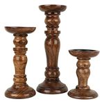 Vudy Decorative Wooden Pillar Candle Stand, Set of 3 – Hand Crafted Wood Candle Holders for Living Room, Table Centerpiece, Mango Wood Medium Polish Finish (SIZE1(12', 8', 6'))