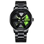 NANOLEAF Car Wheel Analog Watch, Stainless Steel Watch With Japanese Quartz Movement, Waterproof Sports Wrist Watch With Car Rim Hub Design For Men's Spinning Wheel, Steel Green, Car Wheel Watch