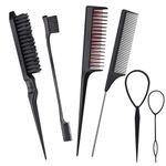 6 Pcs Hair Styling Comb Kit, Teasing Comb Brush Set Includes Fluffy Hair Brush, Bristle Parting Sleek Double Sided Edge Control Brush, Triple Teasing Comb, Fine Metal Rat Tail Comb for Man Women Professional Barber (Black)