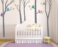 Birch Tree Nursery Wall Decal Stickers Forest Vinyl Graphic Transfers with Owls for Baby Room Decor (Grey, 96x170 inches)