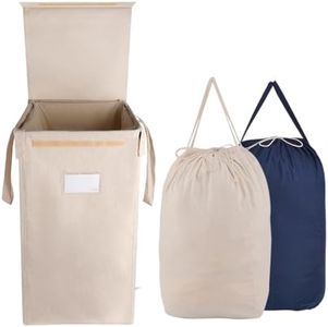 MCleanPin Laundry Hamper with Lid and 2 Removable Liners, Collapsible Dirty Clothes Hamper with 2 Handles, Foldable Hamper Dorm Room Storage Laundry Bags for College,Beige