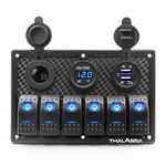 Genuine Marine 6 Gang Waterproof Rocker Switch Panel Digital Voltmeter Display Dual 5V USB Charger Socket DC 12V Slot Blue LED Light for Car Marine Boat Vehicles