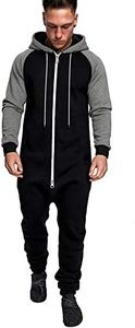 COOFANDY Men's Jumpsuit Autumn Winter Onesies Hoodie Zipper Long Playsuit One Piece Jogging Tracksuit (Black/Grey XL)