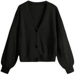 SweatyRocks Girl's Long Sleeve Drop Shoulder V Neck Button Front Ribbed Knit Cardigan Sweaters Solid Black 10Y