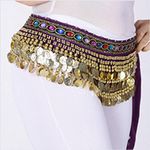 VRITRAZ Women's Velvet Belly Dance Hip Scarf Waistband Belt Skirt with Multi color beads and Ringy Golden Coins 56 Royal