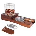 X-BLTU Wooden Cigar Ashtray Wood Solid Cigar Ashtray Whiskey Glass Tray and Cigar Holder,Cigar Slot/Tray,Cigar Cutter with cover,Stainless Steel Pocket Cigar Tool,Cigar Whiskey Accessory Set