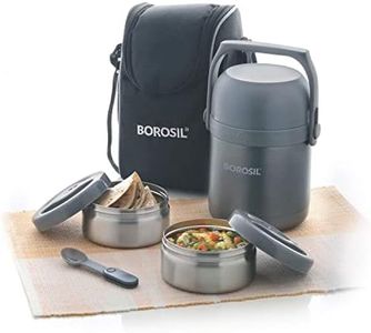 Borosil Hot N Fresh Stainless Steel Insulated Lunchbox | 420ml x 2 Round Container Set with 1.3L Outer Body | Keep Food Warm Upto 6 Hours | Air Vent Button | Tiffin for School, Office, College | Grey