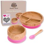 Bubba Bear Baby Weaning Set | Bamboo Plates, Bowls & Spoons for Toddler Led Feeding | Suction Plate, Bowl & Spoon Sets for Babies from 6 Months | Optional Matching Kids BLW Bib (Pink)