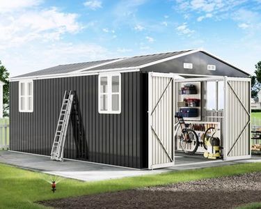 AMERLIFE 10x16.3x7 FT Galvanized Steel Storage Shed with 4 4-Pane Windows Hinged Double Doors, Outdoor Shed for Backyard, Garden, Patio, Dark Grey/White