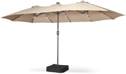 Home Zone Living 15x9 Ft Double Head Patio Umbrella with Base, 36 LED Lights, Sand Bags, UV Resistant & Waterproof, 213 LBS Total Weight, Beige Tan