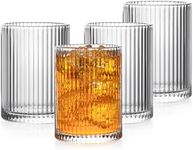 POLIDREAM Drinking Glasses Set of 4, 9oz Ribbed Glassware Vintage Whiskey Glasses Embossed Glass Tumblers Cocktail Glasses Water Glasses for Beer Juice Whiskey Cocktail Milk(7x7x9.6cm)