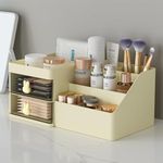 House of Quirk Polypropylene, Polystyrene 2 Drawer Cosmetics Makeup Organizer For Vanity Bathroom, Clear Drawer Cosmetic Storage Display Case With Brush Holder, Desk Countertop (Cream),Grey