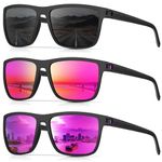 CIFOYA Sunglasses for Men Women, Polarized Mens Sunglasses Square for Driving Fishing Golf Lightweight Sun Glasses Shades UV400 Protection 3 Packs (Black/Pink/Purple)