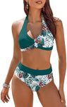 AI'MAGE Women's High Waisted Bikini Sets Tummy Control Swimsuits 2024 Two Piece Bathing Suits Color Block HalterSwim Suits, Green Floral, M