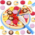 Beberolen Wooden Pizza Play Food Sets, Toy Food for Children Kitchen, Toy Kitchen Accessories and Tea Set for Toddlers, Pretend Role Play Toy Picnic Set, Pizza Cutting Cooking Toy for Kids Boys Girls