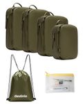 Destinio Compression Packing Cubes for Travel, 6 in 1 Water Resistant Travel Organizer Pouch Set (4 Cubes+ Drawstring Bag+ Cosmetic Pouch), Luggage Suitcase Wardrobe Organiser Clothes Shoes (Green)