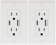 2 Pack - POWAWINI Wall Outlet 15 Amp, UL Listed, USB C & USB A Port, Self-Test with LED Indicator, Tamper-Resistant Receptacle with Decor Wall Plates and Screws (White)