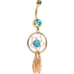 BodyJewelryOnline Dream Catcher Belly Ring Dangle Gold I.P. 14ga 316L Surgical Steel - N80261 (Light Blue Cz Jewels)