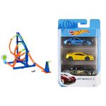 Hot Wheels Action Track, Corkscrew Twist Kit, Launch Car Directly at Target & 3 Car Pack, Multipack of 3 Hot Wheels Vehicles, Instant Starter Set, Collection of 1:64 Scale Toy Sports Cars