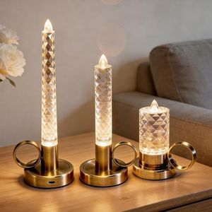 JandCase Flameless Candles Set, Rechargeable Pillar Candles Battery Operated, LED Acrylic Crystal Tapered Candle, 0.4W Dimmable Small Cordless Table Lamp for Valentines Wedding Centerpiece Decorations