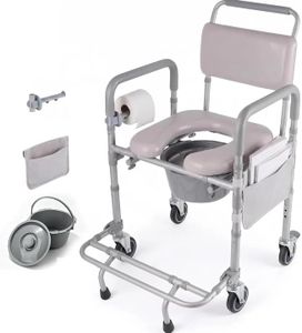 4-in-1 Bedside Commode with Wheels, Shower Wheelchair for Inside Shower