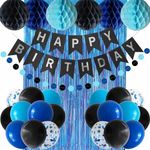 Blue and Black Happy Birthday Party Decorations, Banner Balloons Navy Royal Light Blue Honeycomb Balls Foil Curtains Decor Supplies for Boys Men 13th 16th 18th 20th 30th 40th 50th 60th 70th 80th