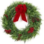 GarveeHome Christmas Wreaths for Front Door, 24 Inch Large Outdoor Christmas Wreath with Berries Velvet Bow, Winter Artificial Cypress Wreath Xmas Wreath for Indoor Window Wall Fireplace Holiday Decor