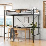 JURMERRY Metal Twin Loft Bed Frame with Stairs & Full-Length Guardrail, Black