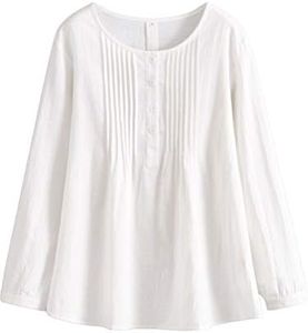 Minibee Women's Scoop Neck Pleated Blouse Solid Color Lovely Button Tunic Shirt White 5XL