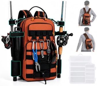 BSAKG 2 in 1 Compact Tactical Fishing Backpack with Tackle Boxes, Lightweight Waterproof Tackle Bag Fit 2 * 3600 Tackle Boxes, 2 Rod Holders Storage, Fishing Accessories Gift for Men Orange