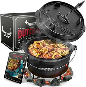 Amandi BBQ Dutch Oven - Dutch Oven Set [9L] - Für Induktion geeignet - Mit Topfständer - Eingebrannter Feuertopf aus Gusseisen - inkl. Deckelheber & e-Book, Rund, Schwarz
