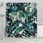 JTOOYS Shower Curtain Fabric, Printed Waterproof Shower Curtain 180 * 180cm, Dark Green Painted Plantain Bamboo Leaf Waterproof and Mildewproof White Polyester Fabric Bathroom Curtain