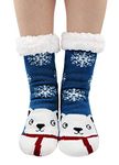 Womens Fluffy Slipper Socks Ladies Warm Thermal Fleece Lined Indoor Slipper Socks, Cartoon Animals Pattern Bed Socks, Blue Bear, Women's UK 4-9