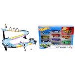 Hot Wheels Mario Kart Rainbow Road Raceway 8-Foot Track Set with Lights & Sounds & 2 1:64 Scale & Toy Cars & Trucks in 1:64 Scale, Set of 10, Multipack of Die-Cast Race or Police Cars