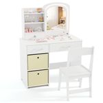 COSTWAY Kids Dressing Table, Girls Vanity Set with Stool, 2-Color LED Lights Mirror, Drawers, Storage Shelves, Removable Bins, Make Up Pretend Dresser Desk Chair Set for Toddlers