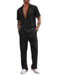 COOFANDY Men's 2 Piece Outfit Casual Short Sleeve Button Down Shirt Beach Summer Loose Pant Sets, Black, Large