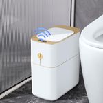 JOYBOS Bathroom Trash Can with Automatic Touchless Lid,4 Gallon Slimline Privacy Garbage Can with Motion Sensor and Waterproof Design for Bathroom, Bedroom, Toilet, Office White with Gold