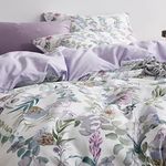 Floral Garden Style Duvet Cover Set Watercolor Purple Bedding Set Smooth Soft Flowers Green Botanical Pattern 3 Pieces 1 Comforter Cover + 2 Pillow Shams(Queen, No Comforter)