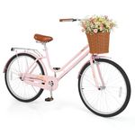 GYMAX Beach Cruiser Bike for Adults, 24/26 Inch Commuter Bicycle for Women w/Rattan Basket, Low Step-Through Frame, Rear Rack & Adjustable Seat, City Bike (26 inch,Pink)
