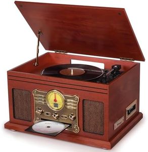 10 in 1 Bluetooth Record Player, 3-Speed Turntable for Vinyl with Speakers, LP to MP3 Converter, CD, Cassette Player, FM Radio, Wireless Streaming | Mahogany