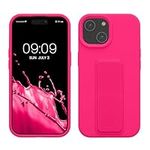 kwmobile Case Compatible with iPhone 15 - Case with Hand Strap and Stand Soft TPU Silicone Coating - Neon Pink