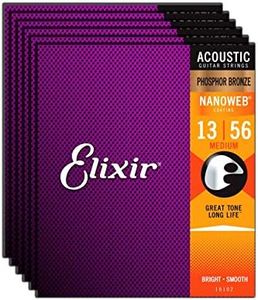 Elixir Phosphor Bronze Nanoweb 16102 Medium 13-56 Acoustic Guitar Strings 6-Pack w/Bonus Elixir Polishing Cloth