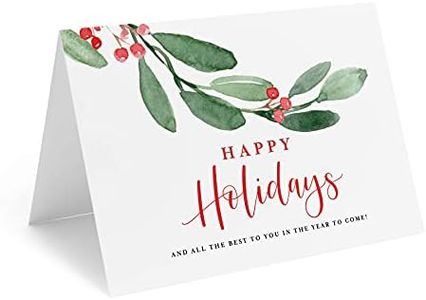 Bliss Collections Happy Holidays Folded Christmas Greeting Cards with Envelopes, 4x6 Greenery Foliage Winter Design (25 Pack)